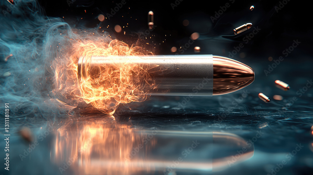 Aufkleber bullet in motion surrounded by flames and smoke, creating dramatic effect