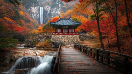 Autumn Waterfall, Korean Temple, Bridge