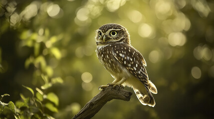 Obraz premium little owl perched on branch with sunlight casting warm glow