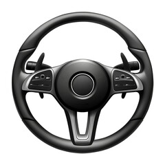 Realistic black leather car steering wheel isolated on white background, automotive accessory
