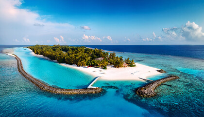 Obraz premium Island Paradise: An aerial panorama showcasing an idyllic tropical island with pristine turquoise waters, lush greenery, and sandy shores. Evoking a sense of escapism and tranquility.