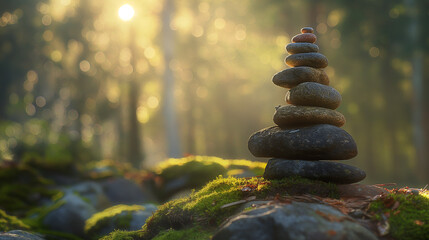 Obraz premium Zen balanced stones stack in forest, nature scene with calming sunlight bokeh