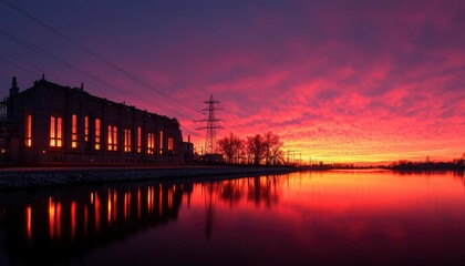 Fototapeta premium Industrial Building by River at Vibrant Sunset