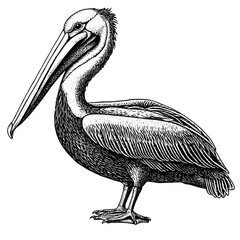 Detailed engraving of a pelican showcasing intricate features and textures for tattoo inspiration