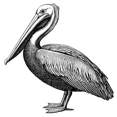Detailed engraving of a pelican showcasing intricate line work and design features in a classic vector style