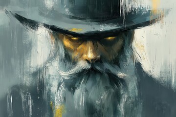 Gloomy portrait of bearded gunslinger wearing cowboy hat