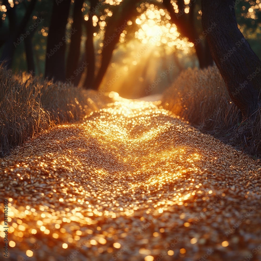 Poster sunlight filters through trees along a pathway