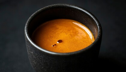 Fresh Espresso in Dark Cup on Black Background