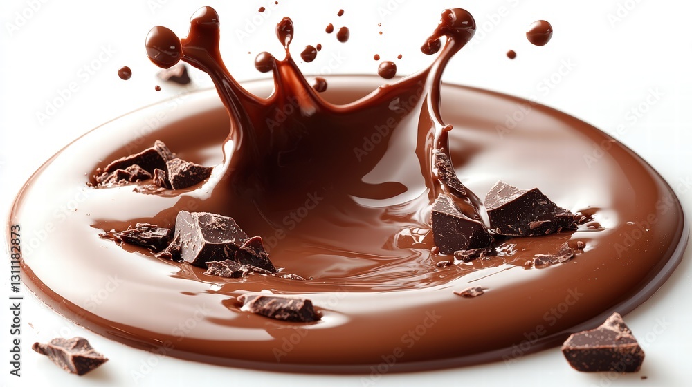 Poster rich chocolate splashing onto a clean white surface creating an eye-catching and tempting visual