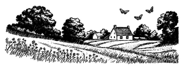 Fototapeta premium Engraved vector design featuring a serene countryside scene with a house, trees, and butterflies
