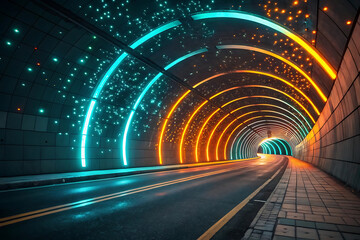 High-Tech Neon Tunnel with Vibrant Blue and Orange LED Lights - Sci-Fi Digital Roadway and Futuristic Urban Design