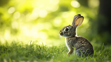 Rabbit in sunlight with gentle expression in grassy field