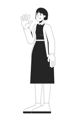 Korean woman in black dress cardigan waving with confident expression 2D line character. Friendly greeting, asian female casual chic isolated vector ink outline person. Monochromatic spot illustration