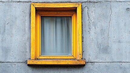 Fototapeta premium Yellow Window Frame Gray Concrete Wall Minimalist Modern Architecture