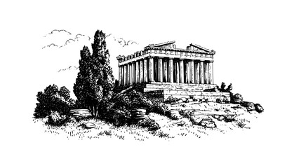 Engraved vector art of ancient Greek temple on a hill surrounded by trees and clouds