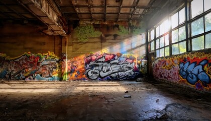 Sunlight illuminates vibrant graffiti on a wall in an abandoned industrial building, highlighting bold colors, textures, and urban decay with dramatic contrast between light and shadow.