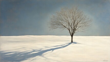 A single bare tree standing in a vast snowy landscape, soft light casting long shadows, side view perspective.
