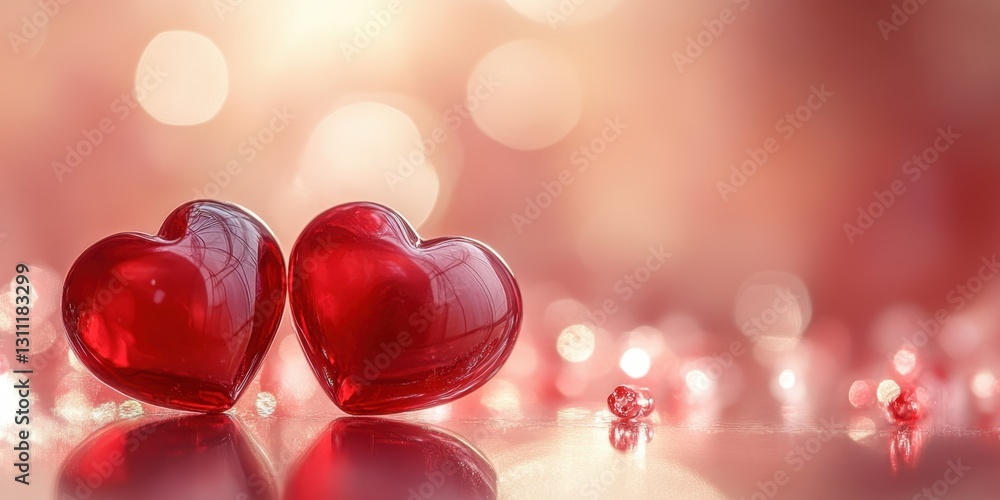 Aufkleber two glimmering red hearts on a soft background surrounded by sparkling bokeh effects
