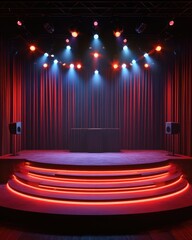An empty stage lit by red lights with a red curtain in the background