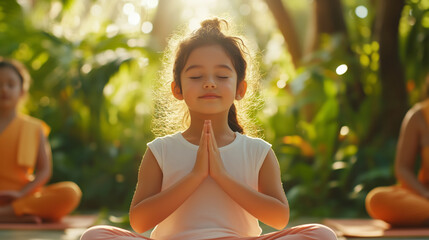 Young girl meditating in nature during yoga class