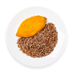 Meat cutlet with boiled buckwheat in a plate on a white background, top view, isolated.