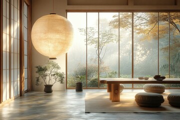 A cozy room with a table and a large window, perfect for studying or relaxing