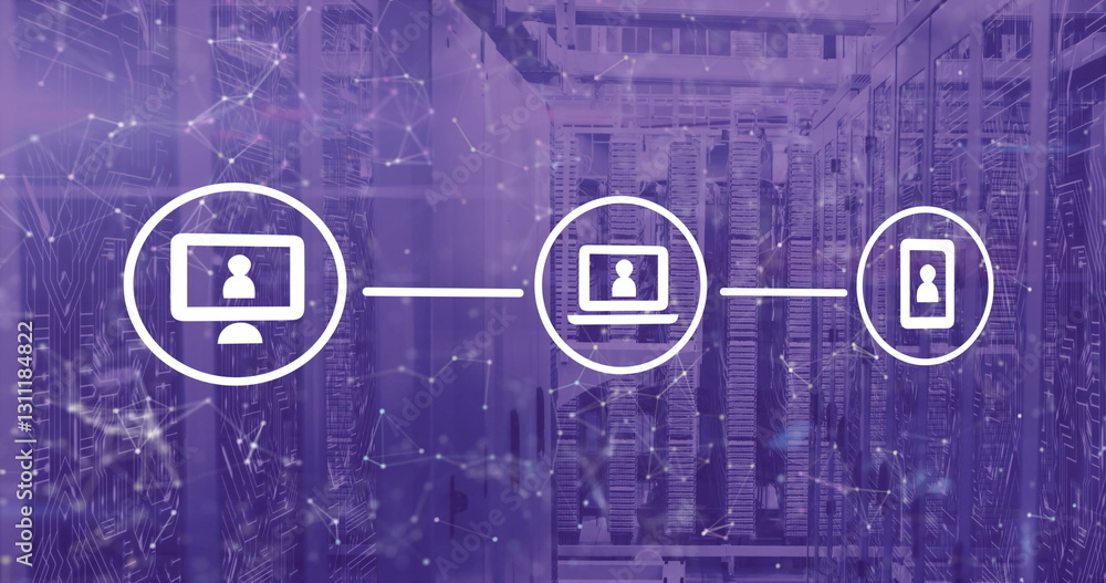 Poster image of icons, digital data processing over computer servers
