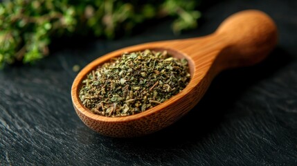 Dried herbs in wooden spoon
