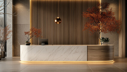 Modern hotel reception desk with elegant design and warm lighting