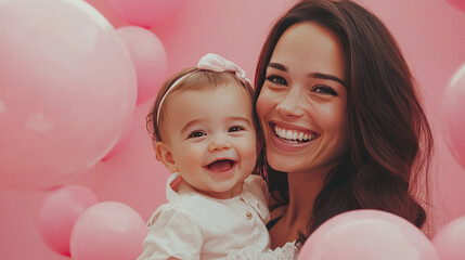 A joyful mother beams at the camera while holding her smiling baby. They are surrounded by soft pink balloons, creating a cheerful atmosphere perfect for a special bonding moment