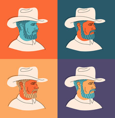 Stylized vector illustration of a cowboy portrait in a pop-art style, featuring four color variations. Classic western theme with a rugged bearded man wearing a hat, inspired by vintage 