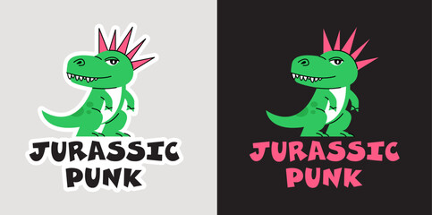 Playful vector illustration of a punk-style dinosaur with a spiky mohawk and a rebellious attitude. Features bold typography and a fun, modern design, perfect for stickers, t-shirts, and alternative f