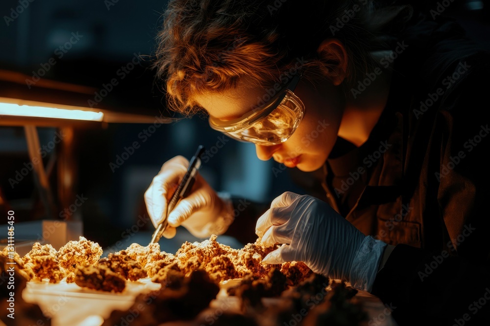 Poster scientist examines fossils in lab