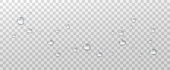 Realistic vector water drops png on a transparent light background. Water condensation on the surface with light reflection and realistic shadow. 3d vector illustration