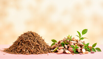 Mulch and sprouting seeds on pink background