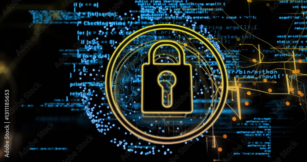 Poster lock and security image over digital code and data visualization