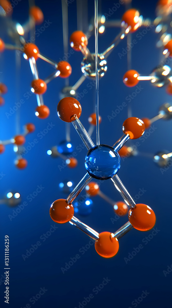 Poster 3d abstract molecular structure rendering with blue and orange atoms