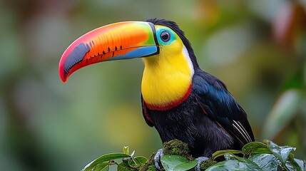 Colorful toucan perched on a branch in a tropical rainforest