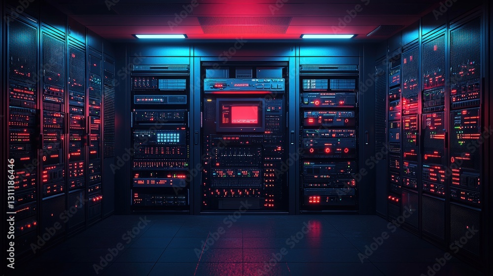 Poster high-tech room filled with multiple servers indicating advanced data processing and storage solution