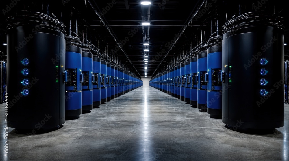 Poster modern server room dominated by blue servers creating a cool and technologically advanced space