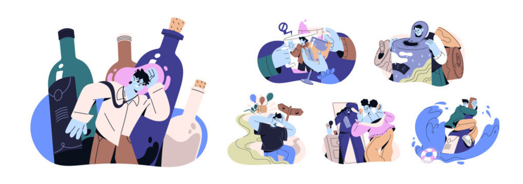 Alcohol addiction concept set. Drunk people suffer from hangover, dependence, problems with excessive abuse of booze. Bad habit, obsession. Flat isolated vector illustrations on white background