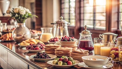 Naklejka premium Breakfast buffet hotel pancakes fresh fruit coffee carafes Bright dining room blurred guests background