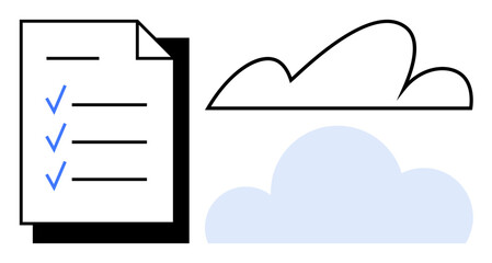 Checklist with blue ticks next to two cloud shapes representing cloud storage, organization, and planning. Ideal for digital productivity, workflow, technology, business, data management, task