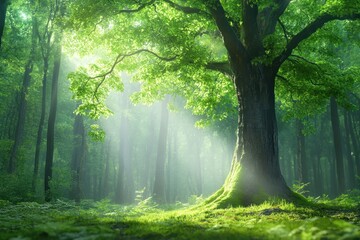 Obraz premium Enchanted Glowing Tree Illuminating Fantasy Forest with Unicorns and Fairies - Magical Night Scene with Luminescent Leaves