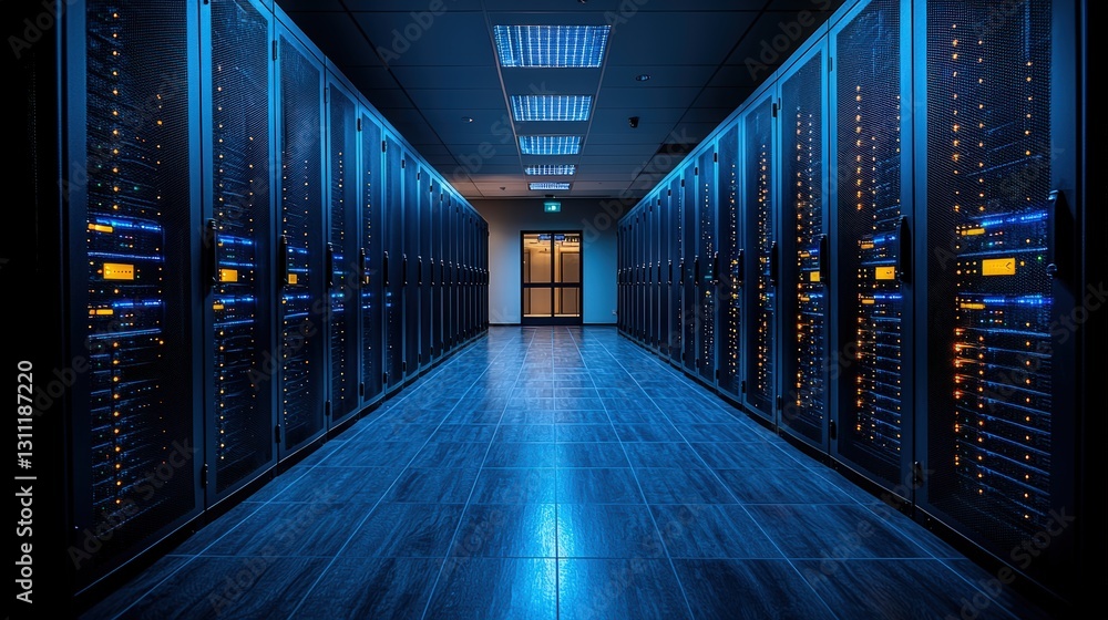 Poster long hallway in a server room with rows of servers and cables for efficient network management