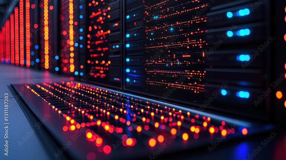 Poster high-tech server room with numerous servers organized in racks for efficient data management