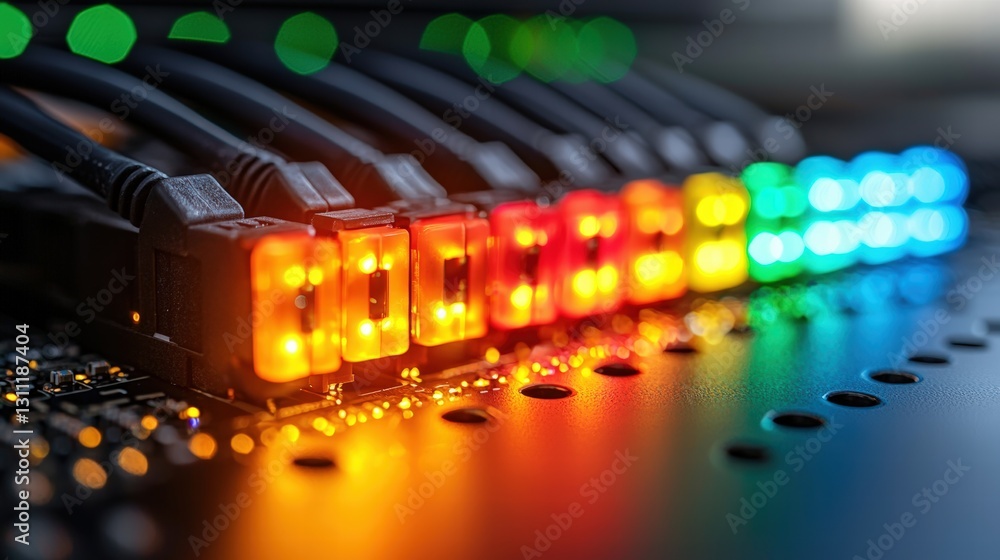 Poster multi-colored light display on a computer indicating active processes and data flow in real time