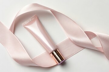 Cosmetic tube with a pink ribbon on a light background.
