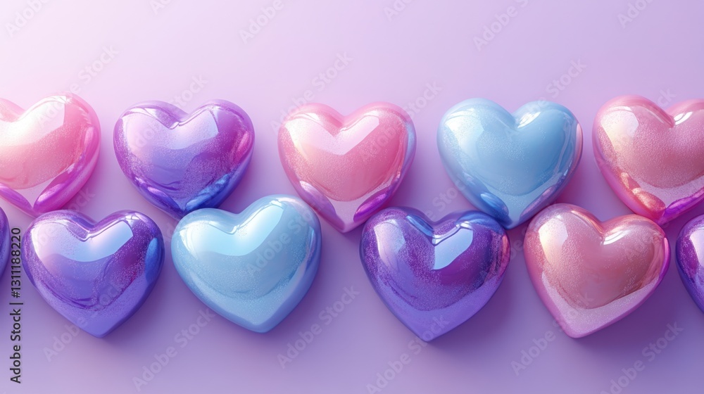 Poster colorful array of reflective hearts displaying love and affection in a serene pastel background
