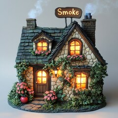 Illuminated miniature stone cottage with smoke sign, flowers, and warm lights.
